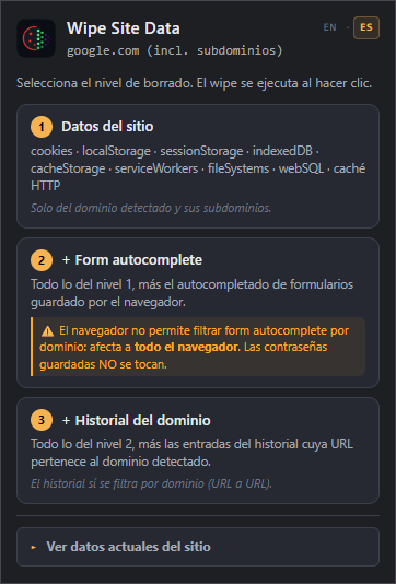 Ventana de la extensión con los tres niveles de borrado y el dominio detectado